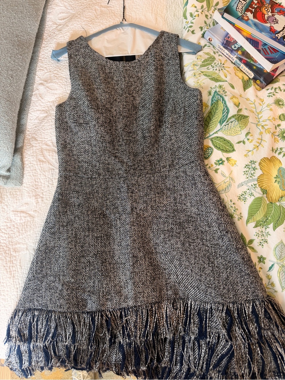 Sail to Sable Gray Tweed Sleeveless Fringe Hem Mini Dress